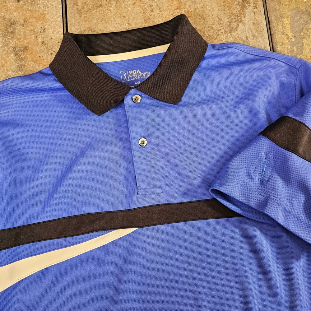 PGA Tour Mens Polo Shirt Large Blue Black Striped Short Sleeve Golf Performance‎